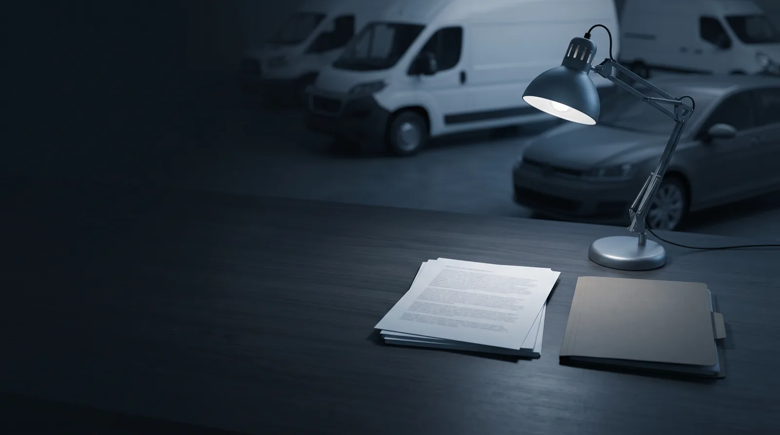 Gestapelte Unterlagen und eine geschlossene Mappe auf einem dunklen Schreibtisch unter einer Lampe