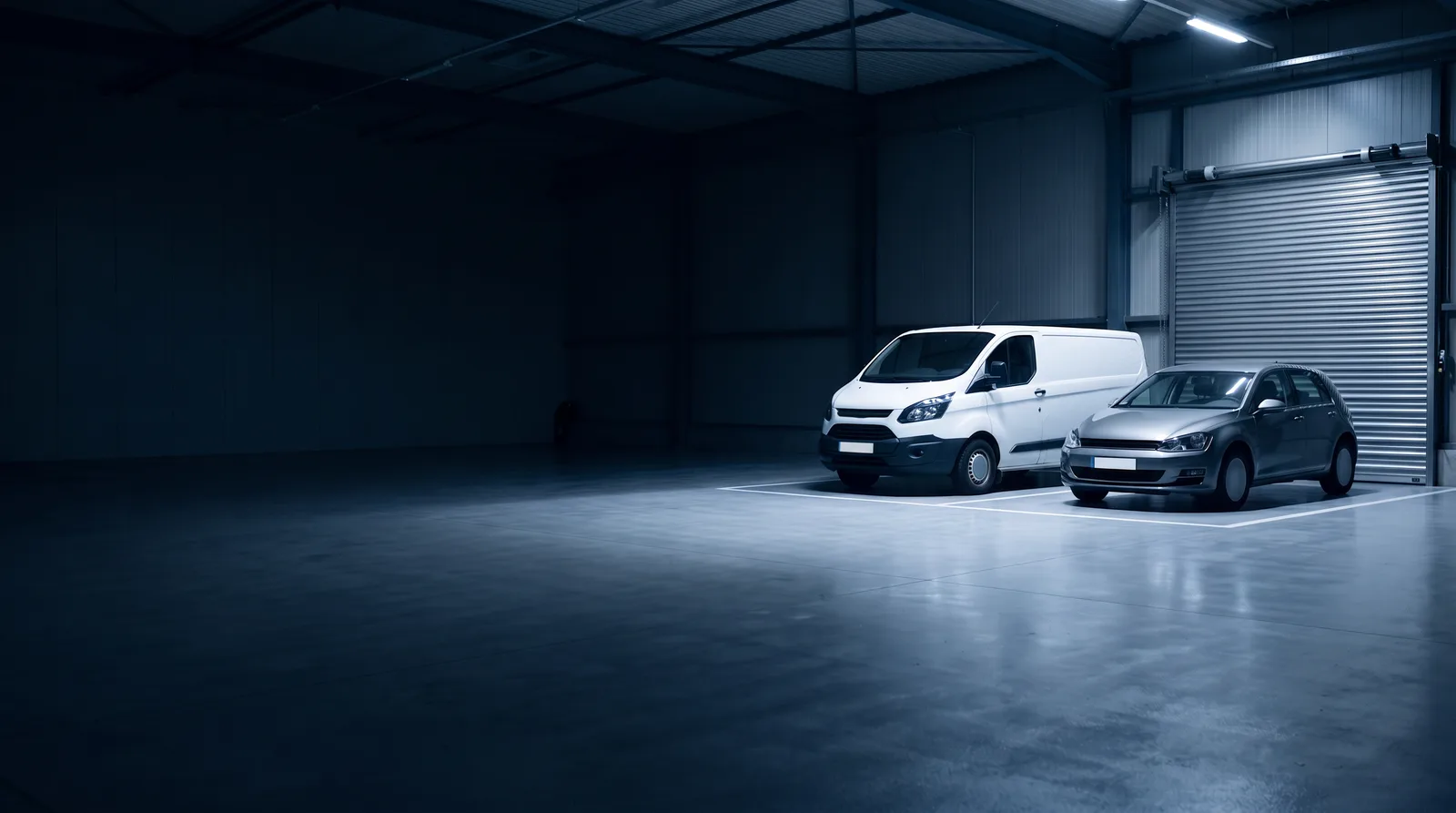 Aufgeräumte Servicehalle bei Nacht, ein weißer Transporter und ein grauer Pkw im Lichtfeld
