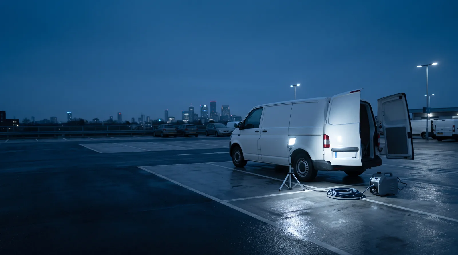 A white van with open rear doors on a parking deck at blue hour, beside a work light on a tripod