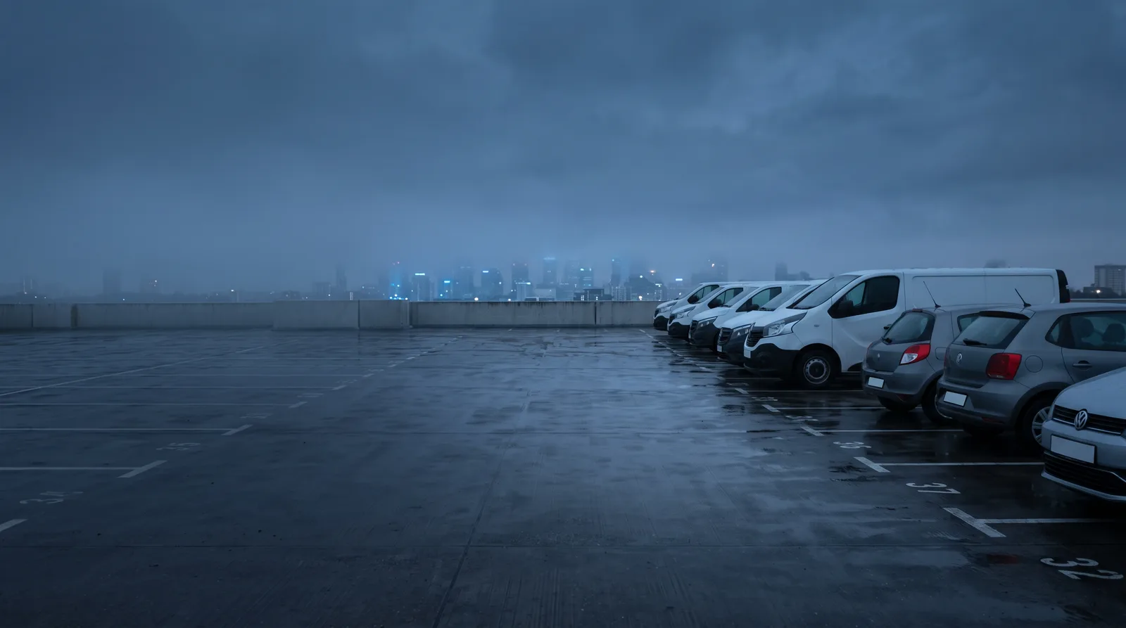 Weites, fast leeres Parkdeck im Nebel bei blauer Stunde, am Rand eine Reihe weißer Transporter