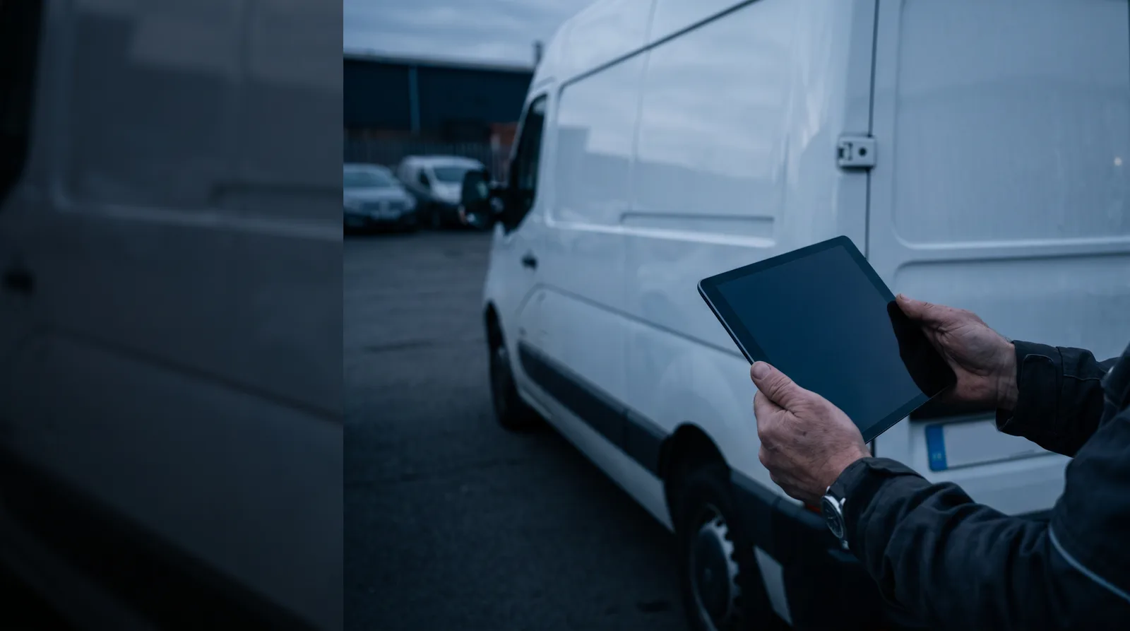 Hände halten ein Tablet neben der Flanke eines weißen Transporters, der Bildschirm ist dunkel