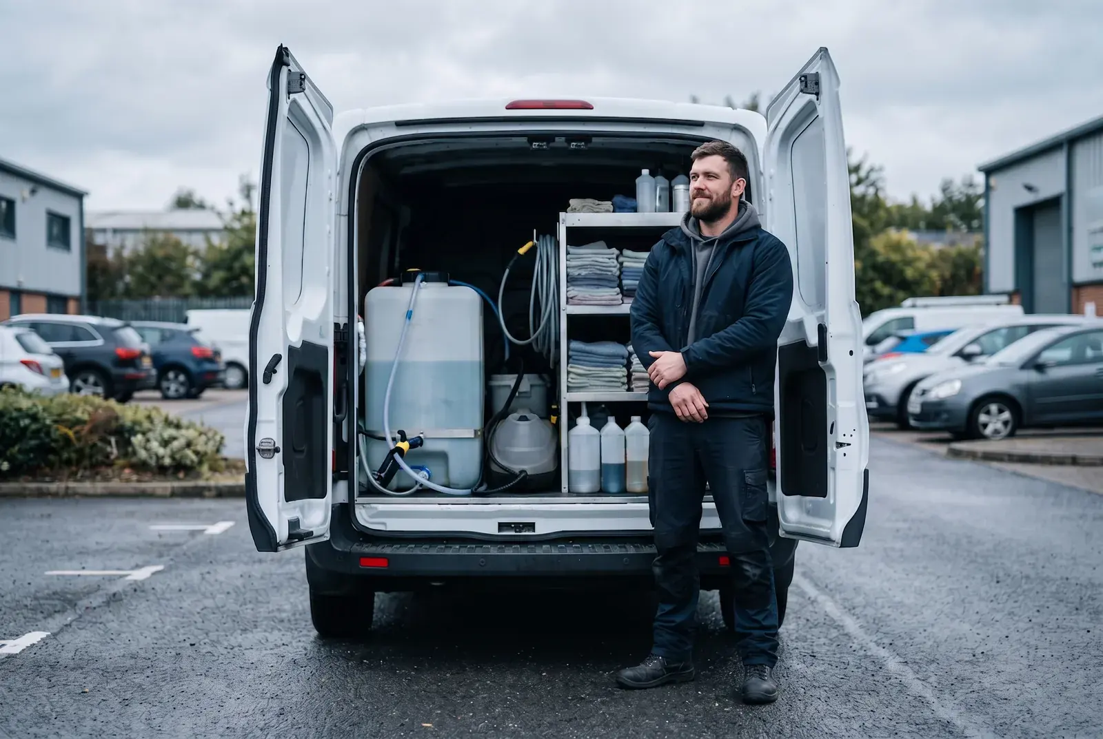 Ein selbstständiger Fahrzeugpfleger steht mit verschränkten Armen vor der geöffneten Hecktür seines weißen Transporters mit mobiler Reinigungsausrüstung.